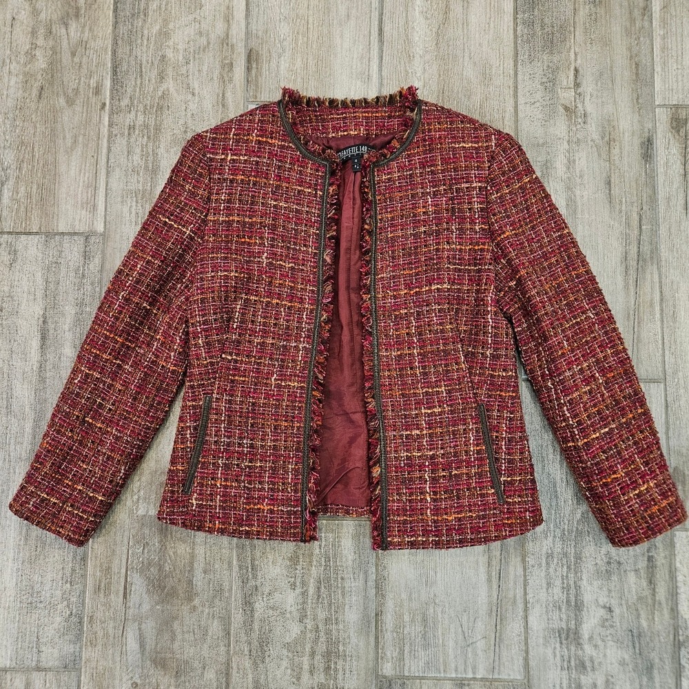 Lafayette 148 Tweed Jacket Women Size 4P Pink Marled Fringed Trim Leather Accent